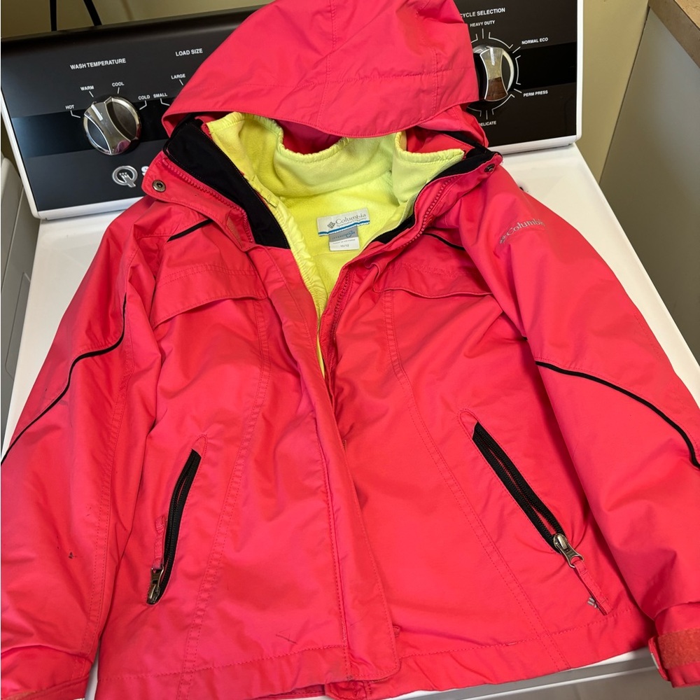 Columbia Girls' Bright Pink Hooded Rain Jacket with Yellow Liner
